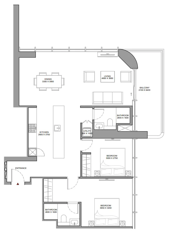 Sobha Aquamont 2 bed floor plan, 1,241 sqft