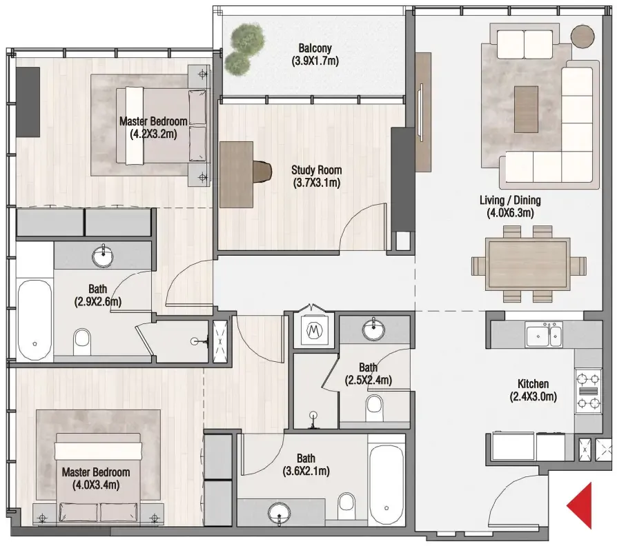 South Living 2 bed floor plan, 1,466 sqft