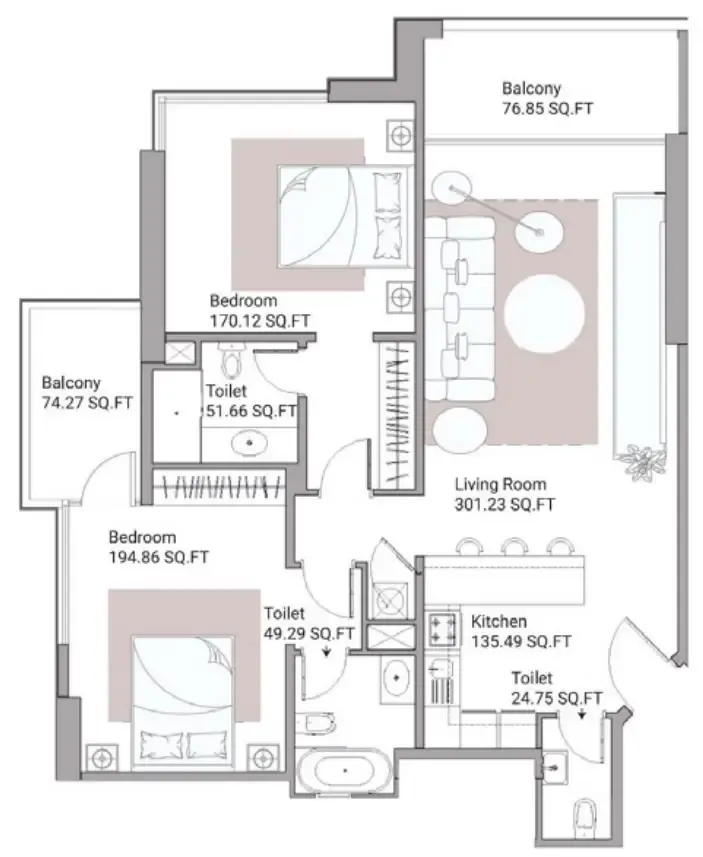 Ajman Creek Towers 2 bed floor plan, 1,667 – 1,684 sqft