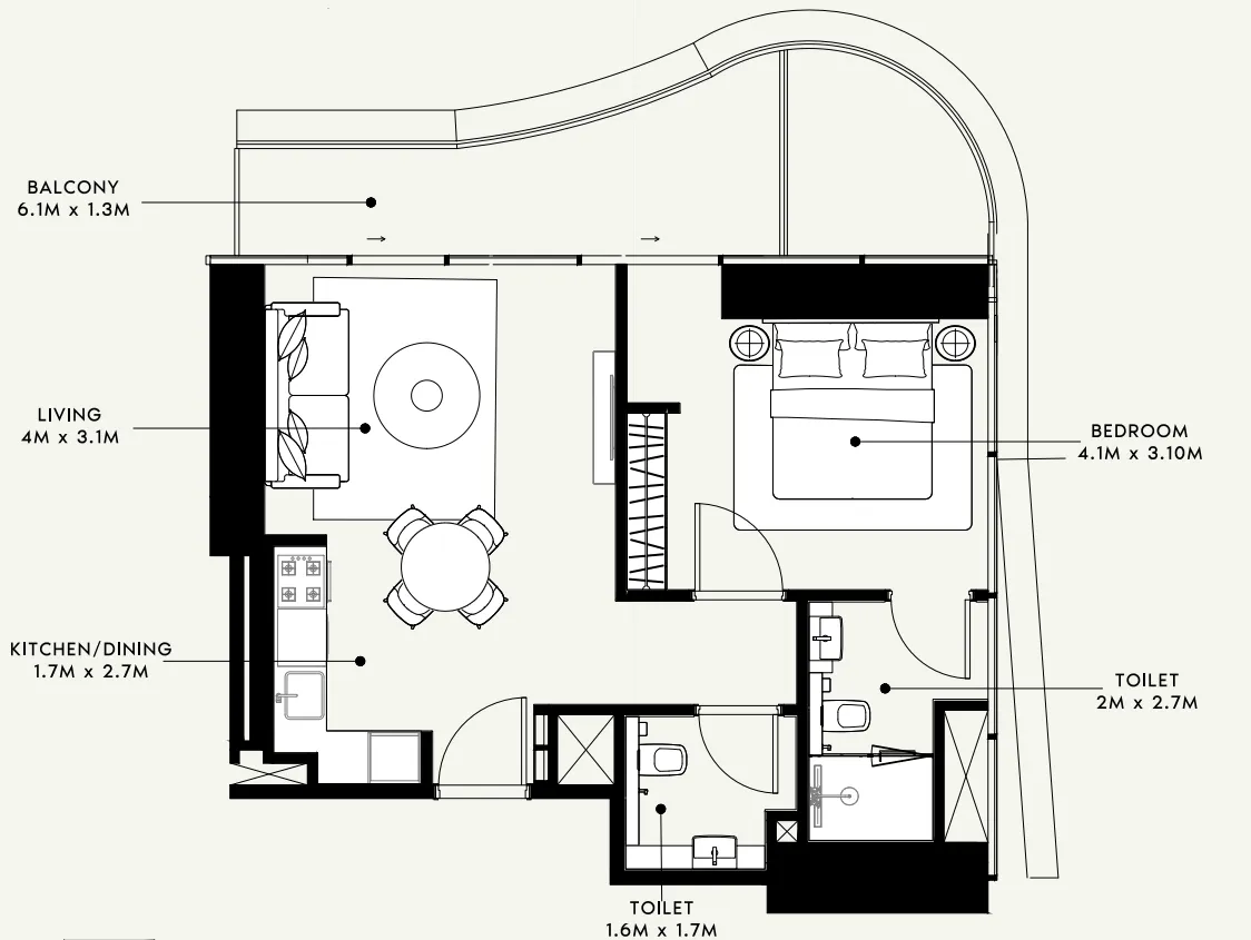 Azizi Milan 1 bed floor plan, 714 sqft