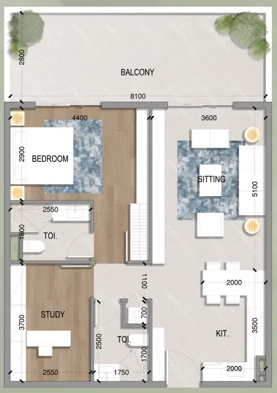 Oasis Residences 1 bed floor plan, 1,047 sqft