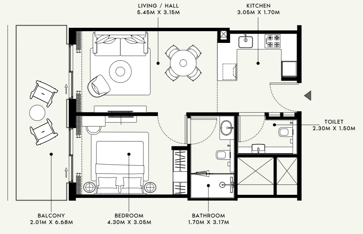 Azizi Venice 1 bed floor plan, 736 sqft