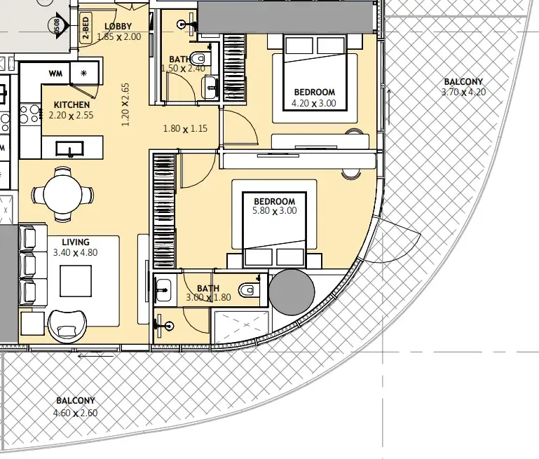 Binghatti Skyblade 2 bed floor plan, 1,261 – 1,263 sqft