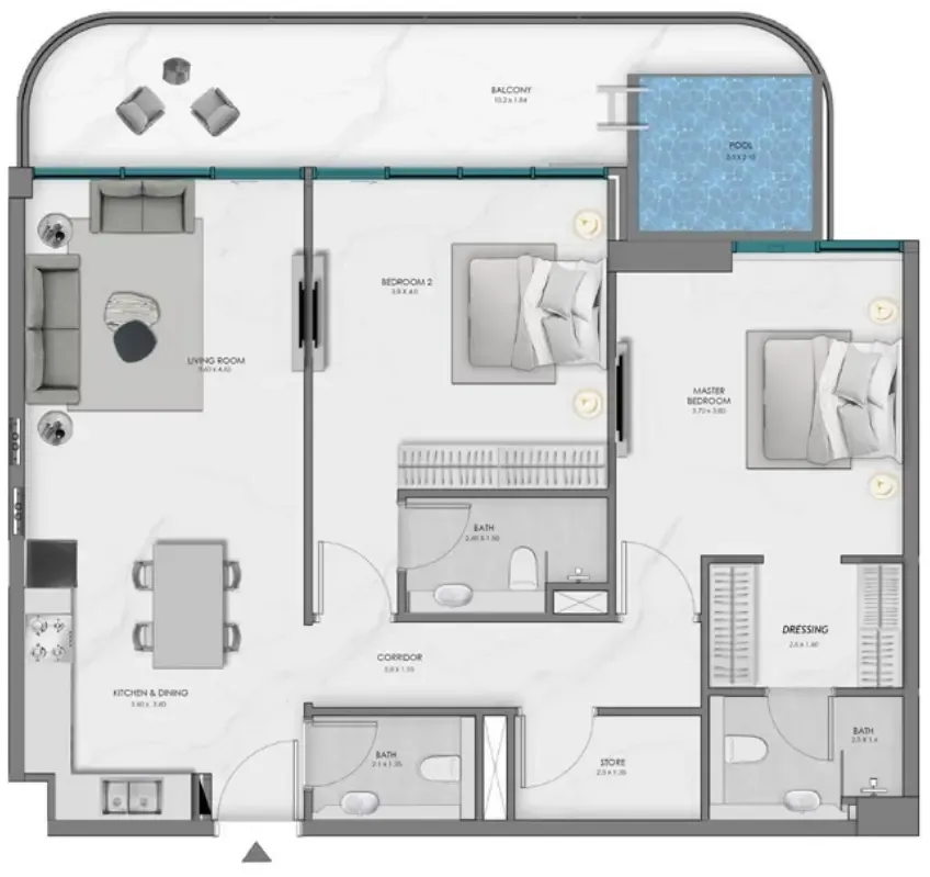 Samana Ocean Bay 2 bed floor plan, 1,234 sqft
