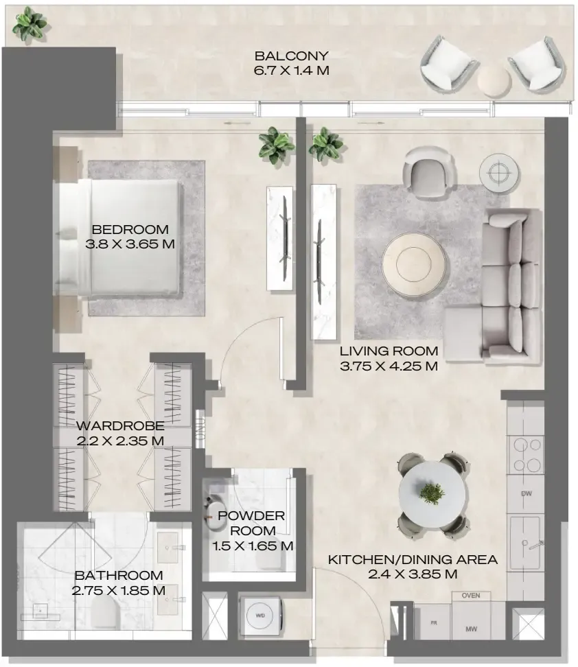 DWTN Residences 1 bed floor plan, 913 sqft