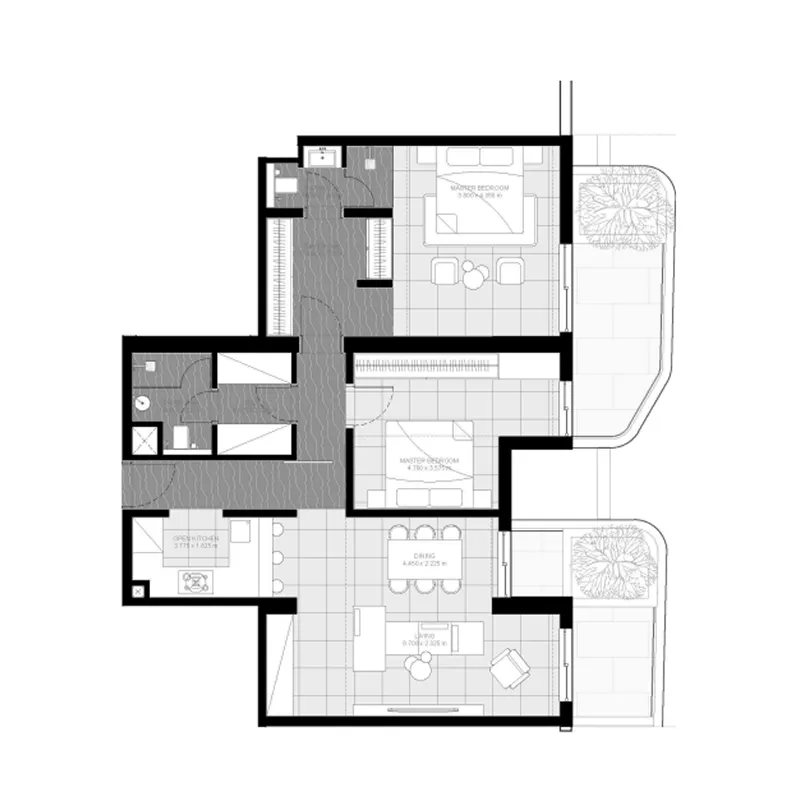 Marea Residences 2 bed floor plan, 1,256 – 1,320 sqft