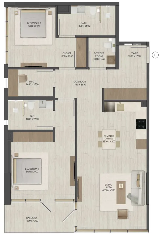 JAD 288 2 bed floor plan, 1,218 sqft