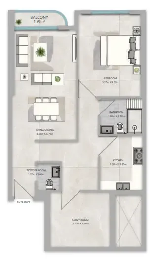 Azha Views Residences 1 bed floor plan, 1,078 sqft