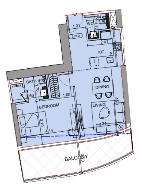 Binghatti Aquarise 1 bed floor plan, 791 sqft