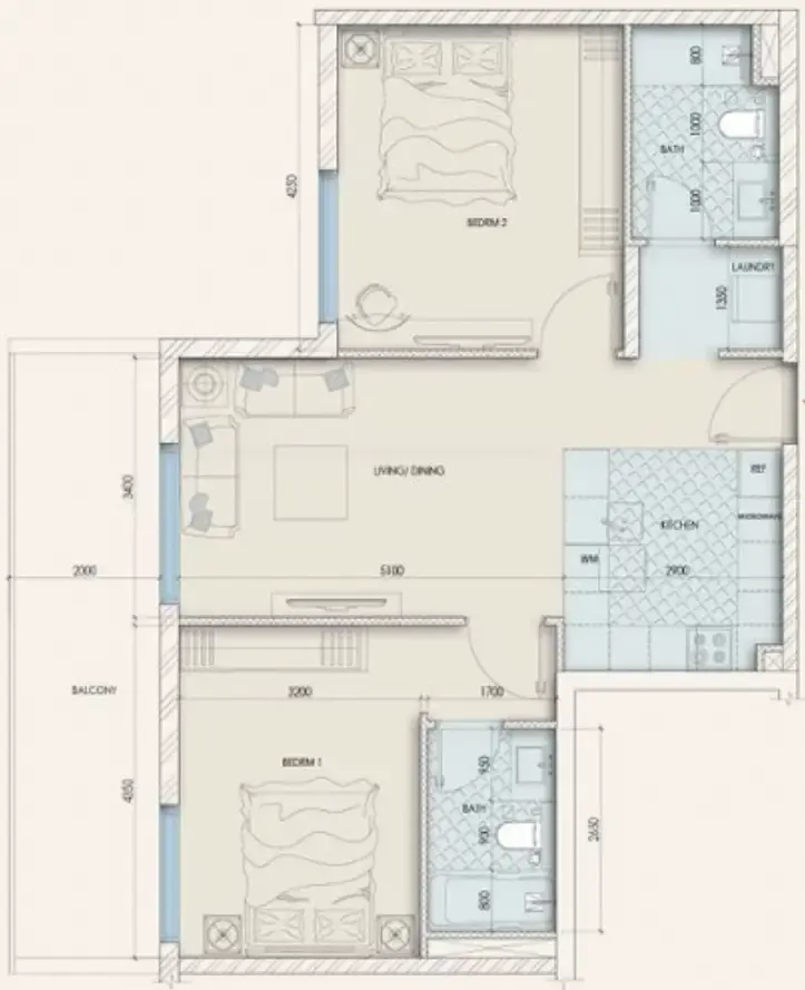 Enaya Residences 2 bed floor plan, 1,115 – 1,141 sqft