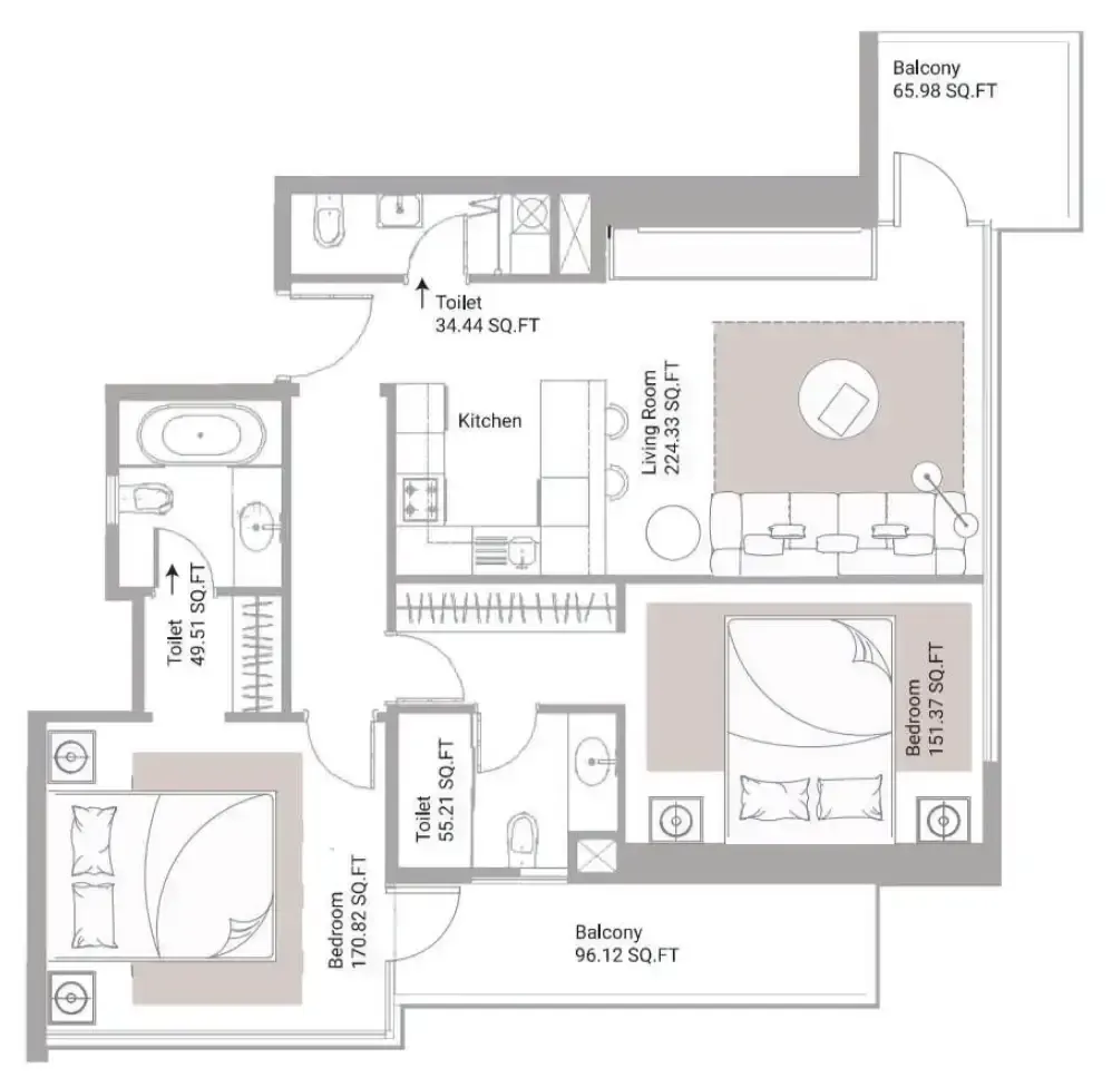 Ajman Creek Towers 2 bed floor plan, 1,562 sqft