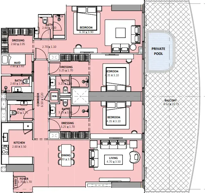 Binghatti Skyblade 3 bed floor plan, 2,570 sqft
