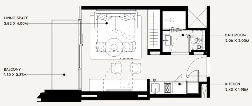Jaddaf Beach Oasis Studio floor plan, 329 sqft