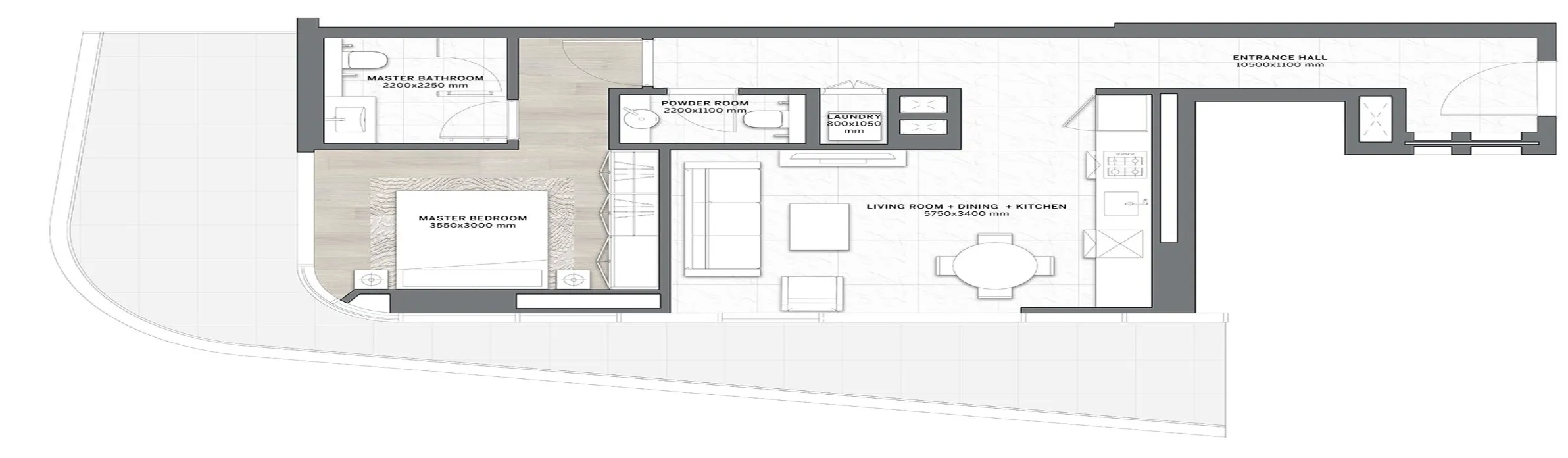 DG1 Living 1 bed floor plan, 1,118 sqft