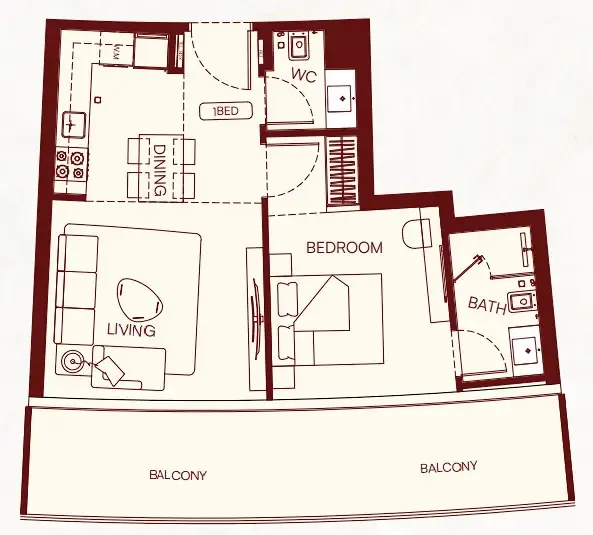 Binghatti Skyflame 1 bed floor plan, 740 sqft