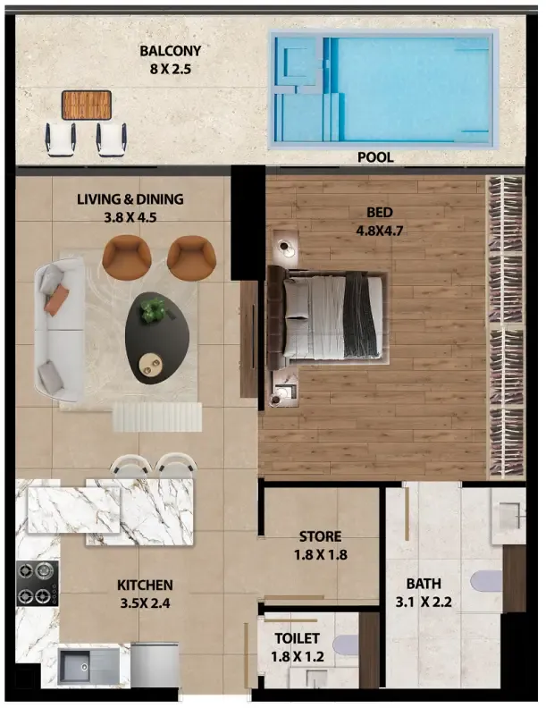 Marquis One 1 bed floor plan, 938 sqft