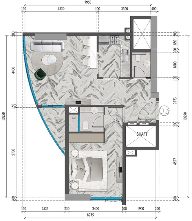 Red Square 1 bed floor plan, 663 sqft