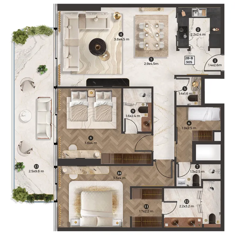 Stellar by Elie Saab 2 bed floor plan, 1,360 sqft
