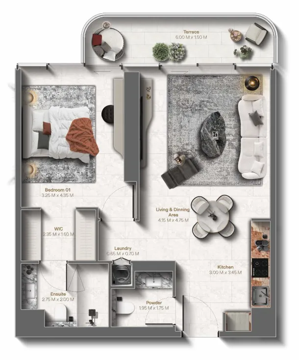 Le Château 1 bed floor plan, 830 sqft