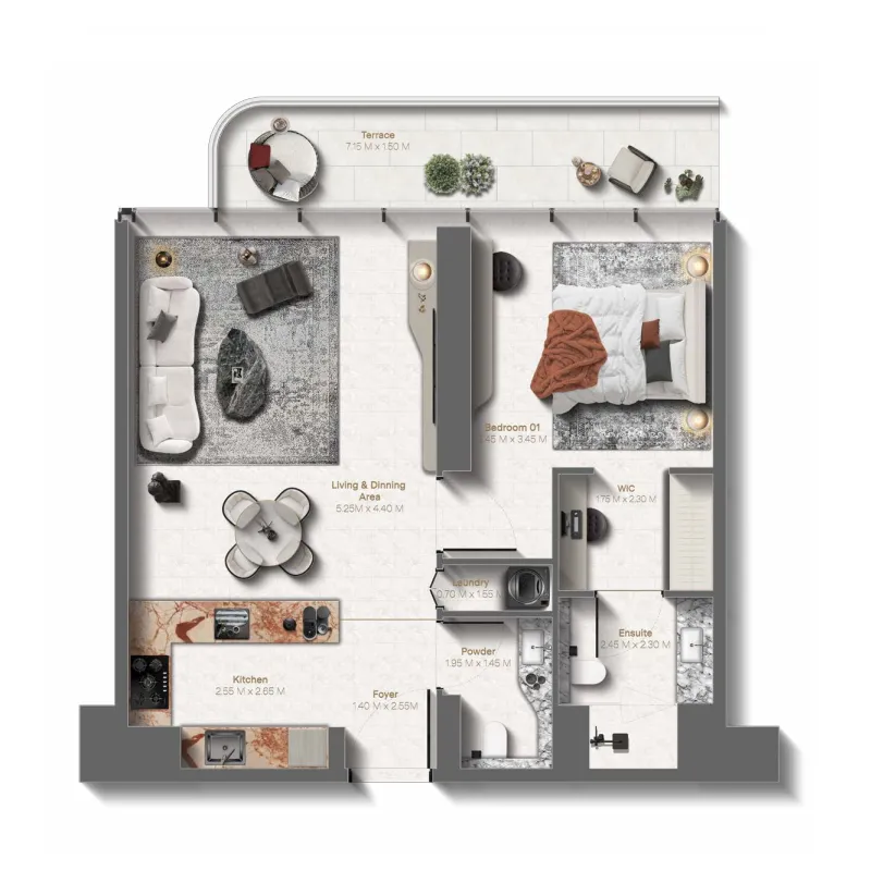 Le Château 1 bed floor plan, 835 sqft