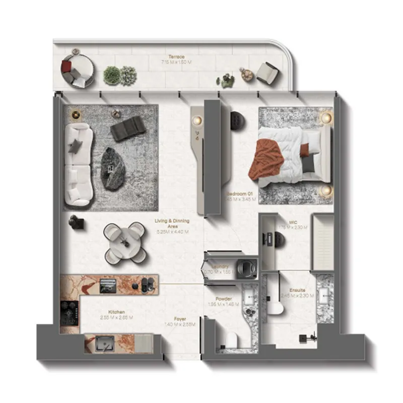 Le Château 1 bed floor plan, 834 sqft
