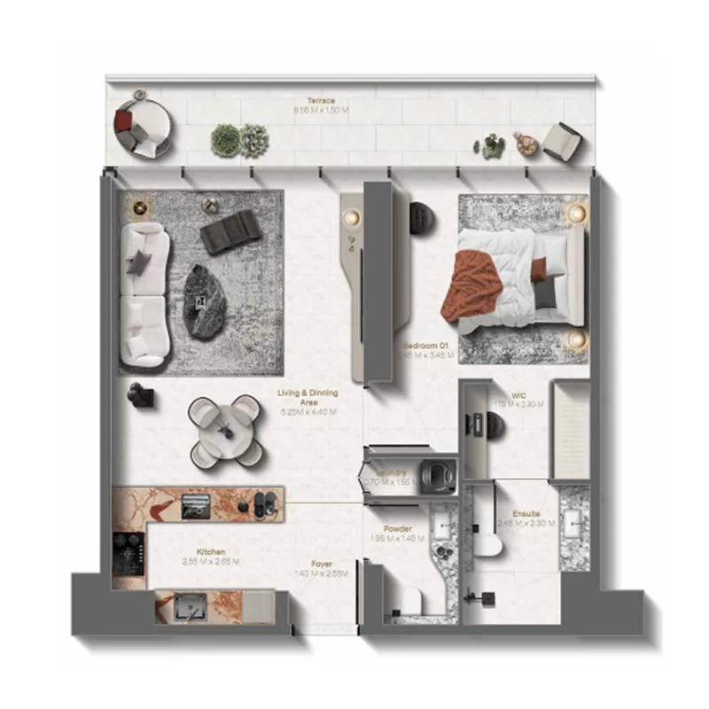 Le Château 1 bed floor plan, 865 sqft
