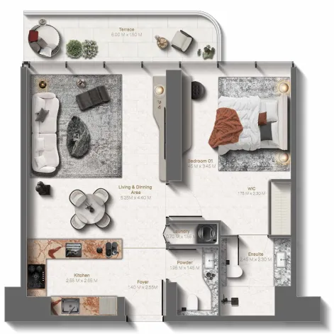 Le Château 1 bed floor plan, 824 sqft
