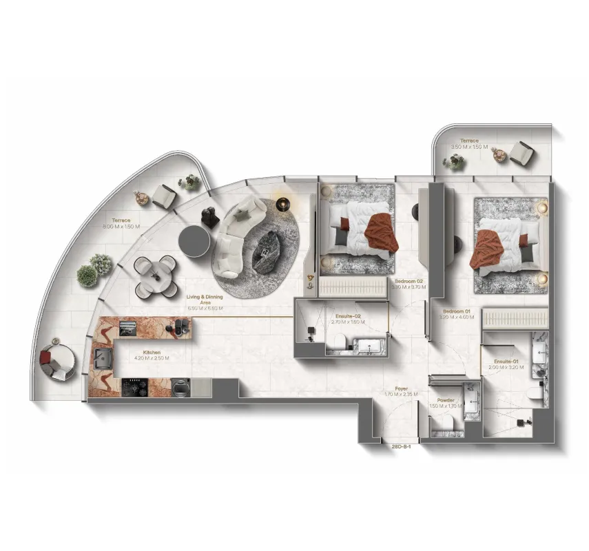 Le Château 2 bed floor plan, 1,235 sqft