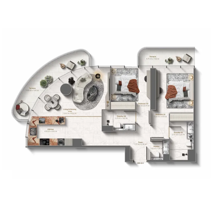 Le Château 2 bed floor plan, 1,245 sqft