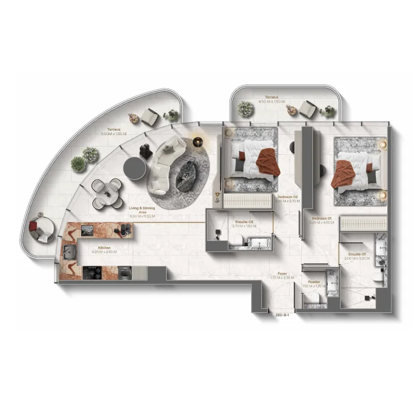 Le Château 2 bed floor plan, 1,261 sqft