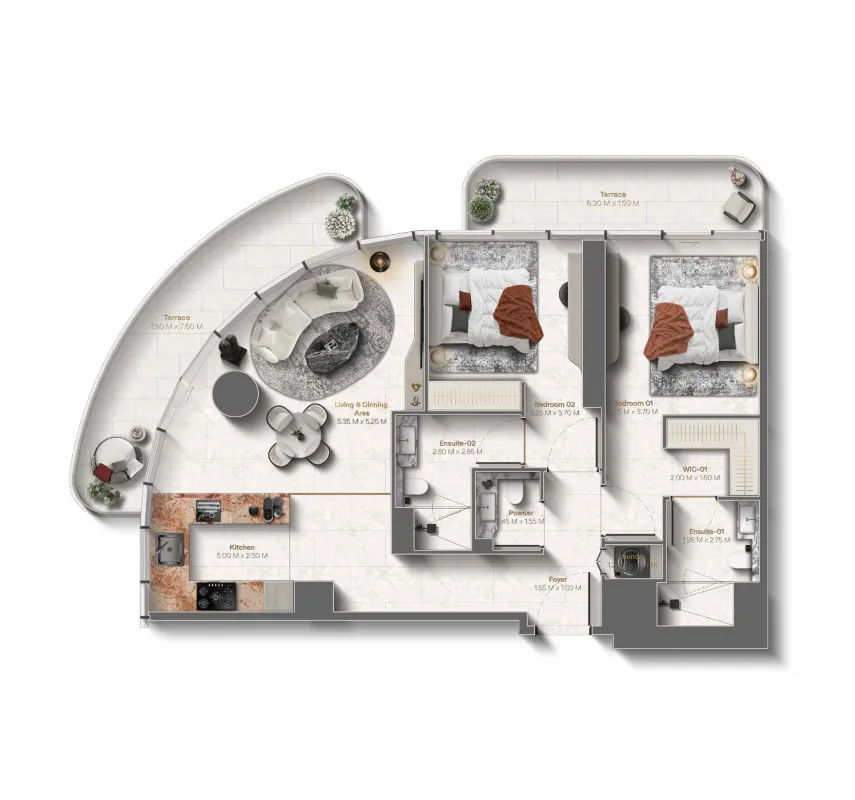Le Château 2 bed floor plan, 1,303 sqft
