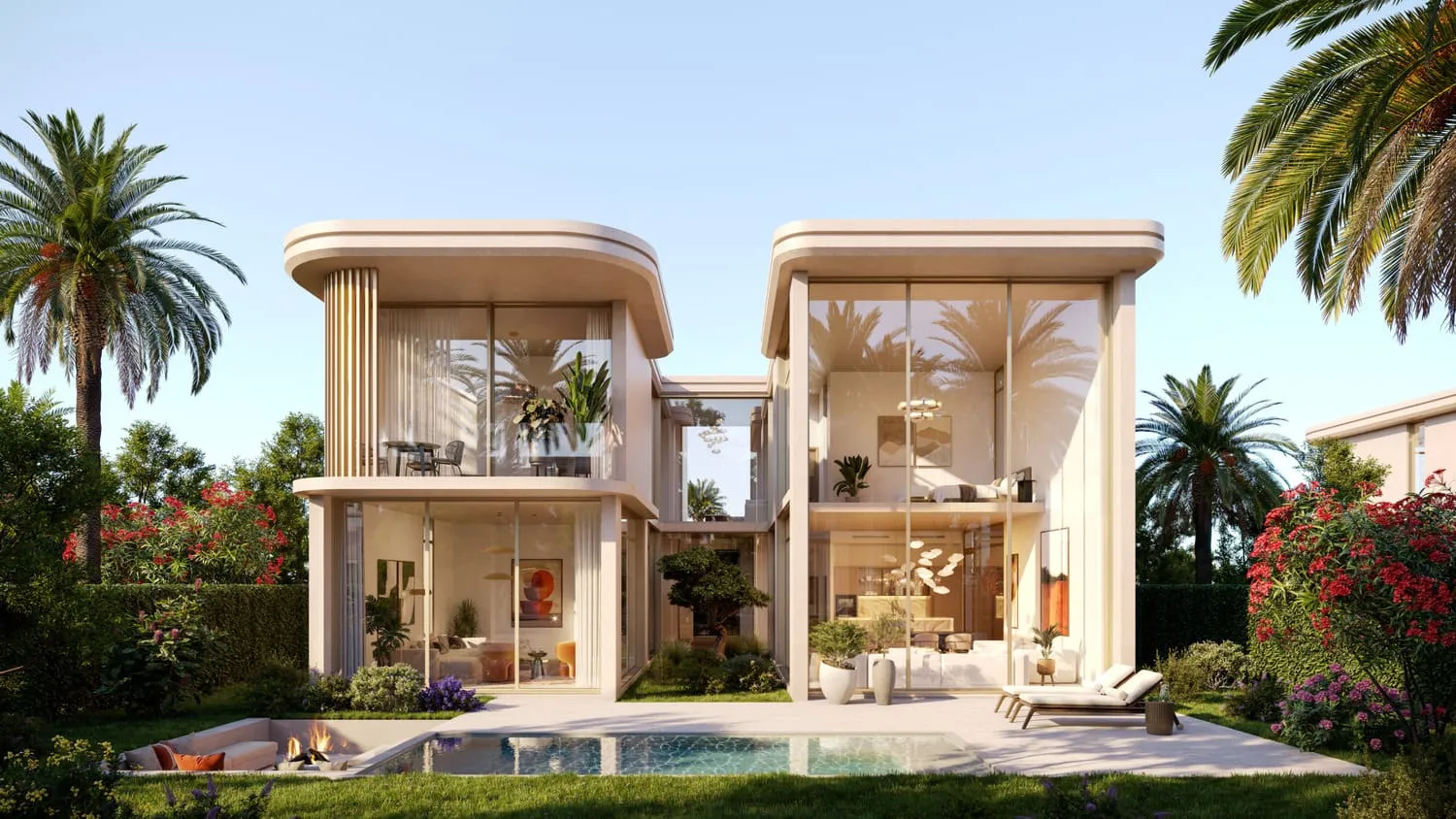 The garden front of a villa: curved cream canopies over full-height glazing, a pool, loungers and flowering bougainvillea