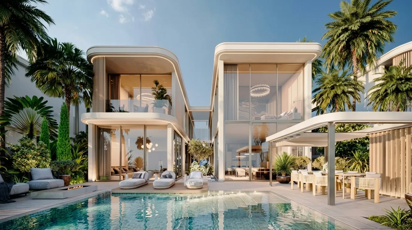 A villa pool with a pergola: the pool in the foreground, a shaded outdoor dining area and the two-storey glazed house behind