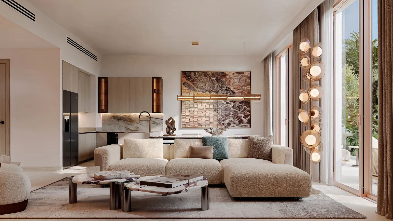 The living room of a 3-bedroom duplex: a cream sectional sofa and a marble coffee table, the kitchen with a marble island at left and glazing to the garden