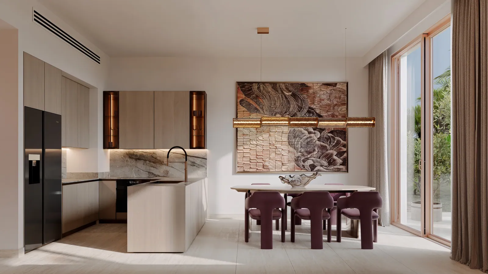 The kitchen and dining area of a 3-bedroom duplex: a marble island, built-in appliances, a dining table with plum chairs under a pendant and glazing to the garden