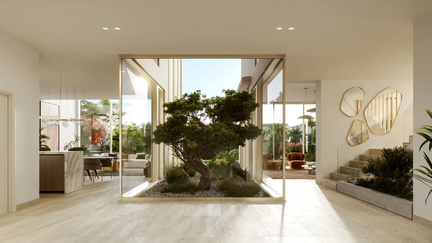An entrance hall with a glazed courtyard holding a tree, a staircase at right and the kitchen and dining area beyond