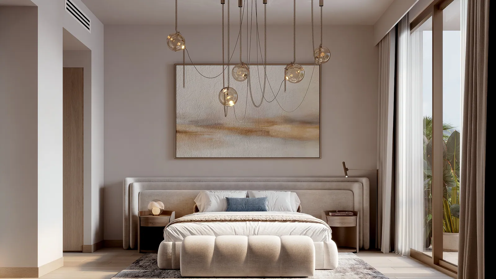 A bedroom in a 3-bedroom duplex: a bed with a curved headboard, glass pendants over a painting and a window to the garden