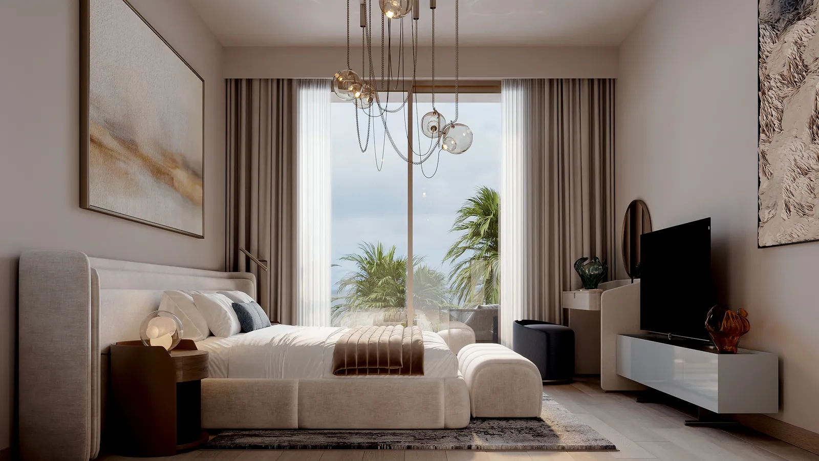 A bedroom in a 3-bedroom duplex: a bed facing a window onto palms, glass pendant lights and a television unit