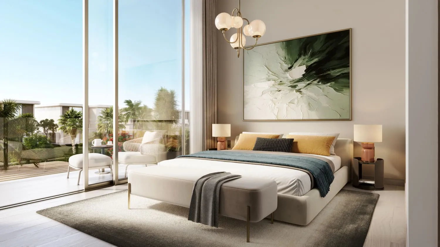 A bedroom with a green abstract painting, a bed with yellow cushions, an armchair and glazing to a terrace