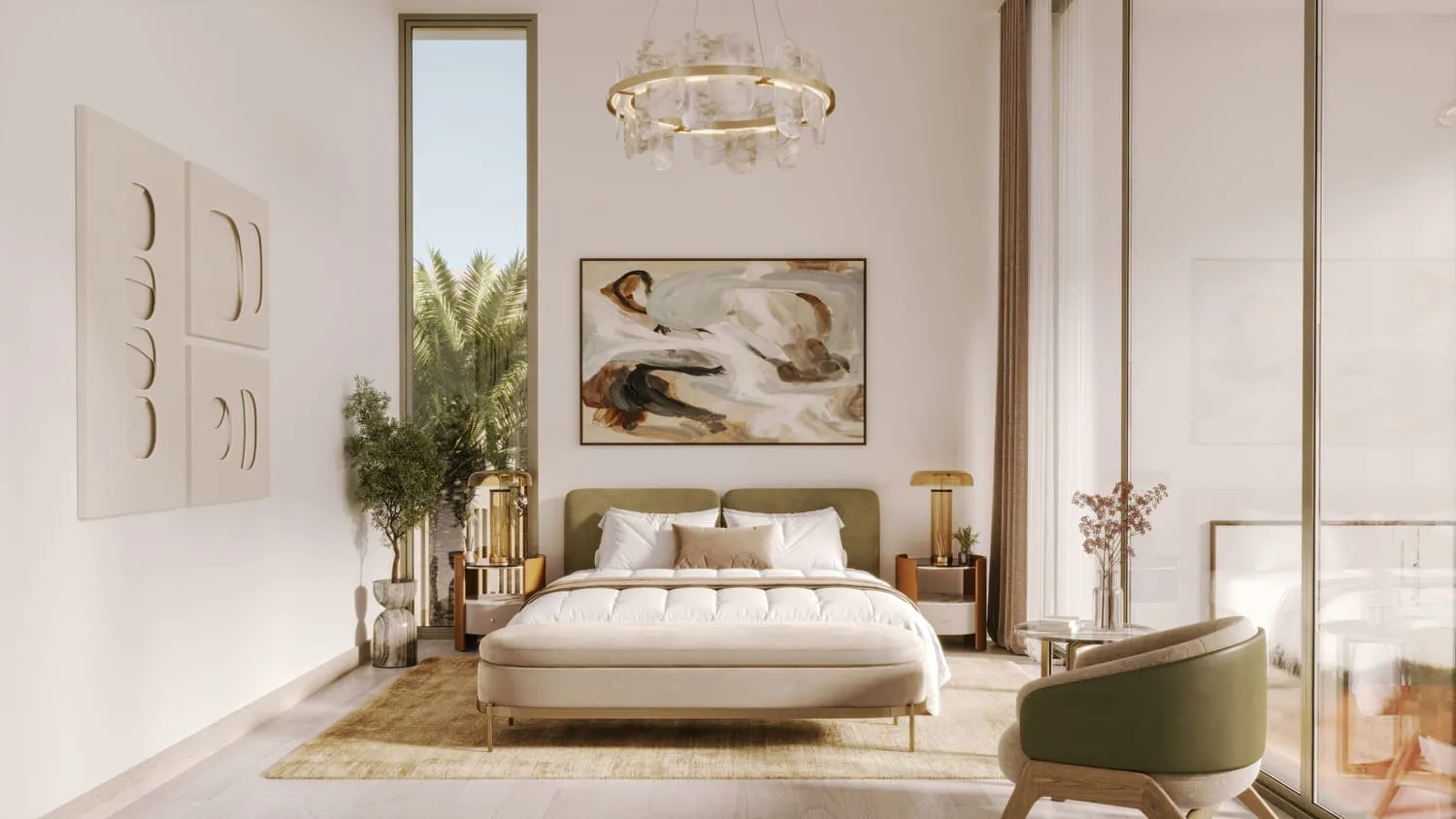 A bedroom with a ring chandelier, a bed with a green cushion and a sage armchair beside tall windows