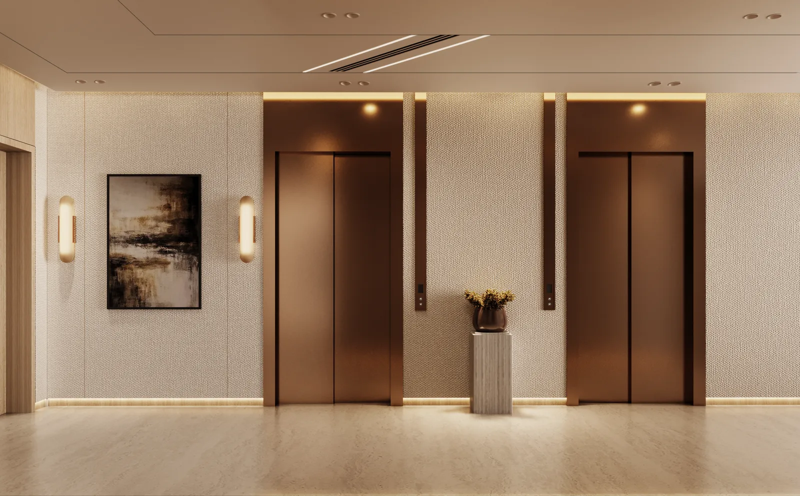 Two bronze lift doors with a flower stand between them, a framed artwork and wall lights on a cream textured wall