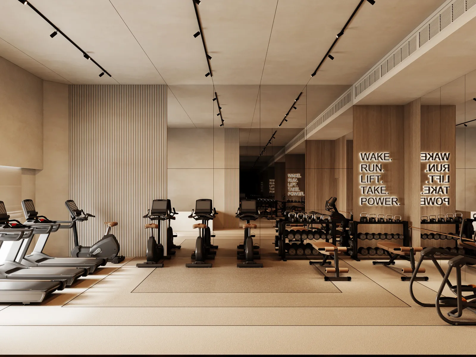 The gym: treadmills and exercise bikes on a running-track floor, a dumbbell rack and benches, and the words WAKE. RUN. LIFT. TAKE. POWER. in light on a timber column