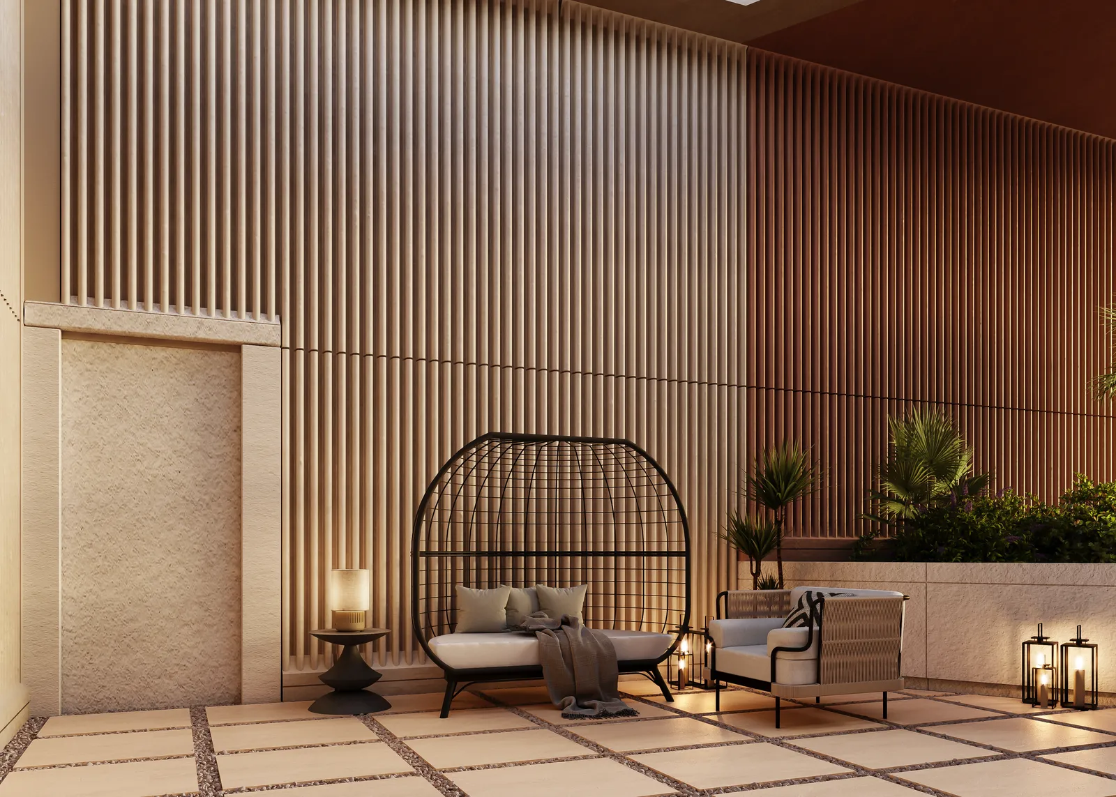A terrace corner: a hanging cocoon chair, two armchairs, lanterns and planting against a slatted timber wall