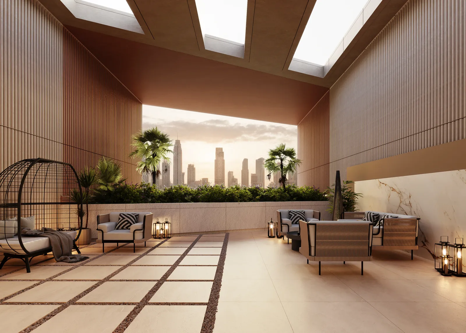 A terrace with square skylight openings, a cocoon chair, cushioned seating and the city skyline at sunset through the opening