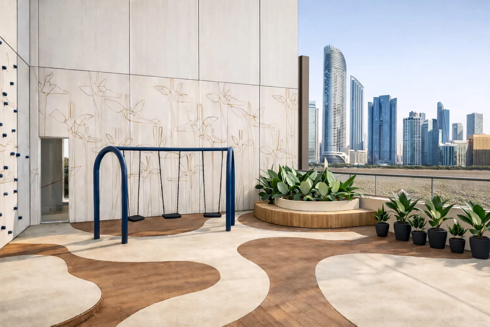 The kids' play area on a terrace: a blue swing frame on a soft wave-patterned floor, a climbing wall and botanical line drawings on the wall, planters and the Reem Island skyline