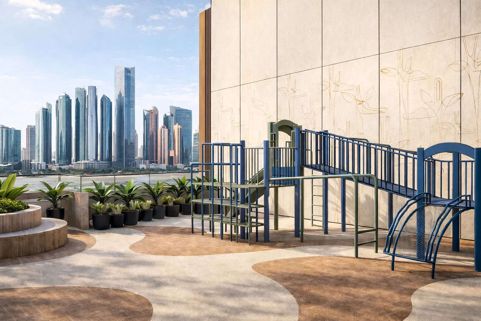 The kids' play area: a blue climbing frame with a slide, planters and a glass balustrade with towers beyond