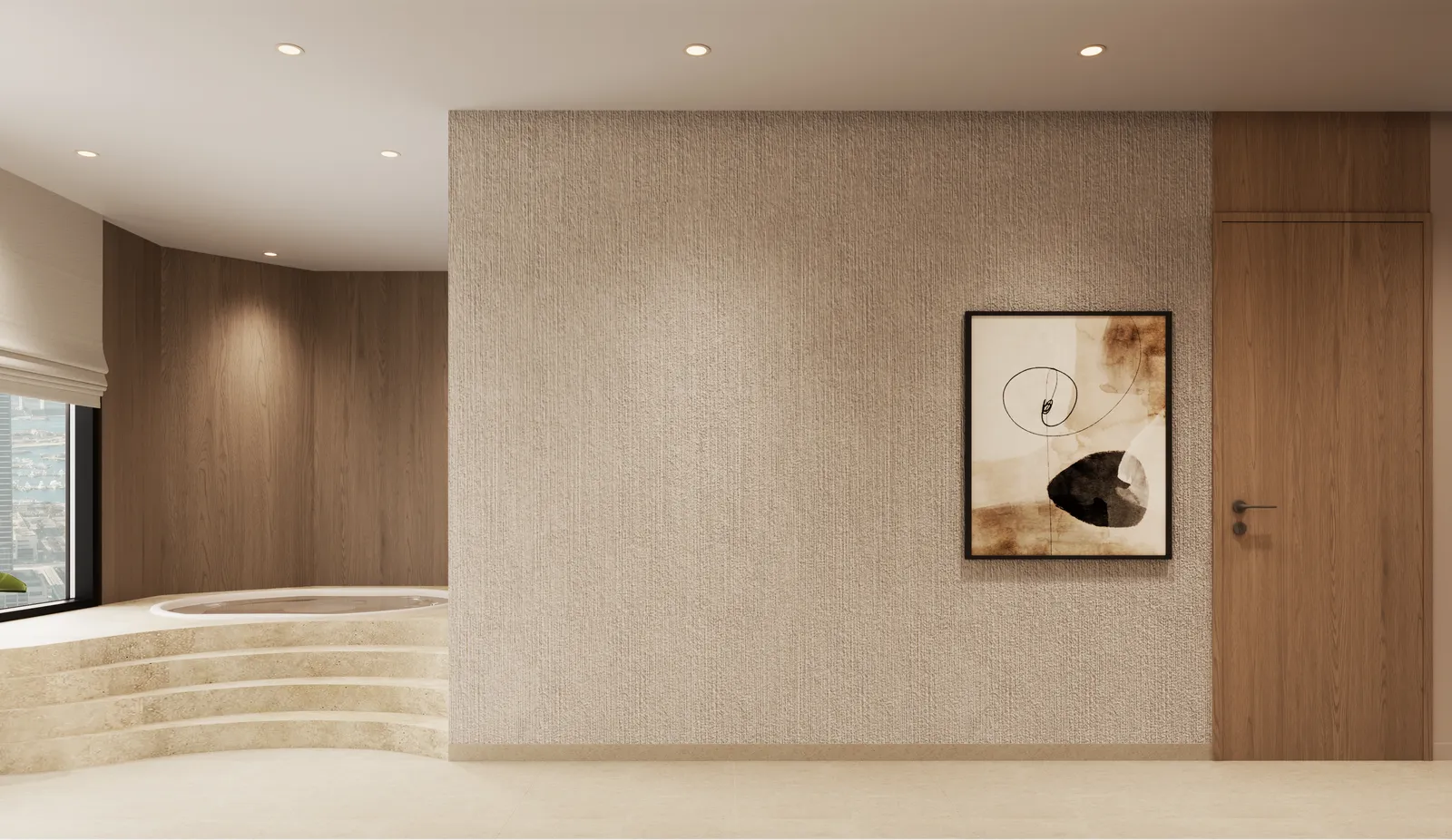 The spa pool from its corner: the stepped plinth, a framed print, a timber door and the window light