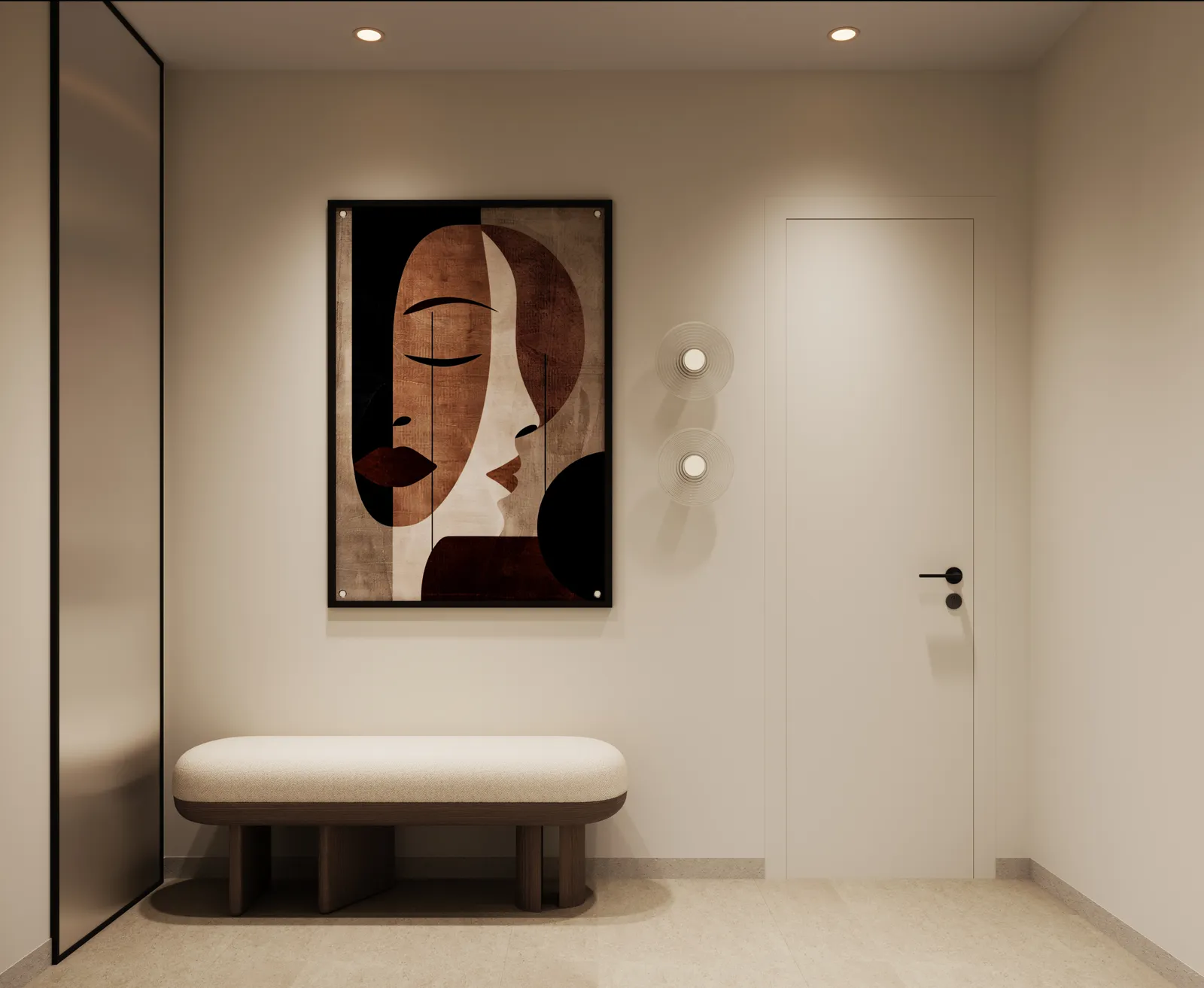A changing room: a cushioned bench under a framed abstract print, a door and wall lights