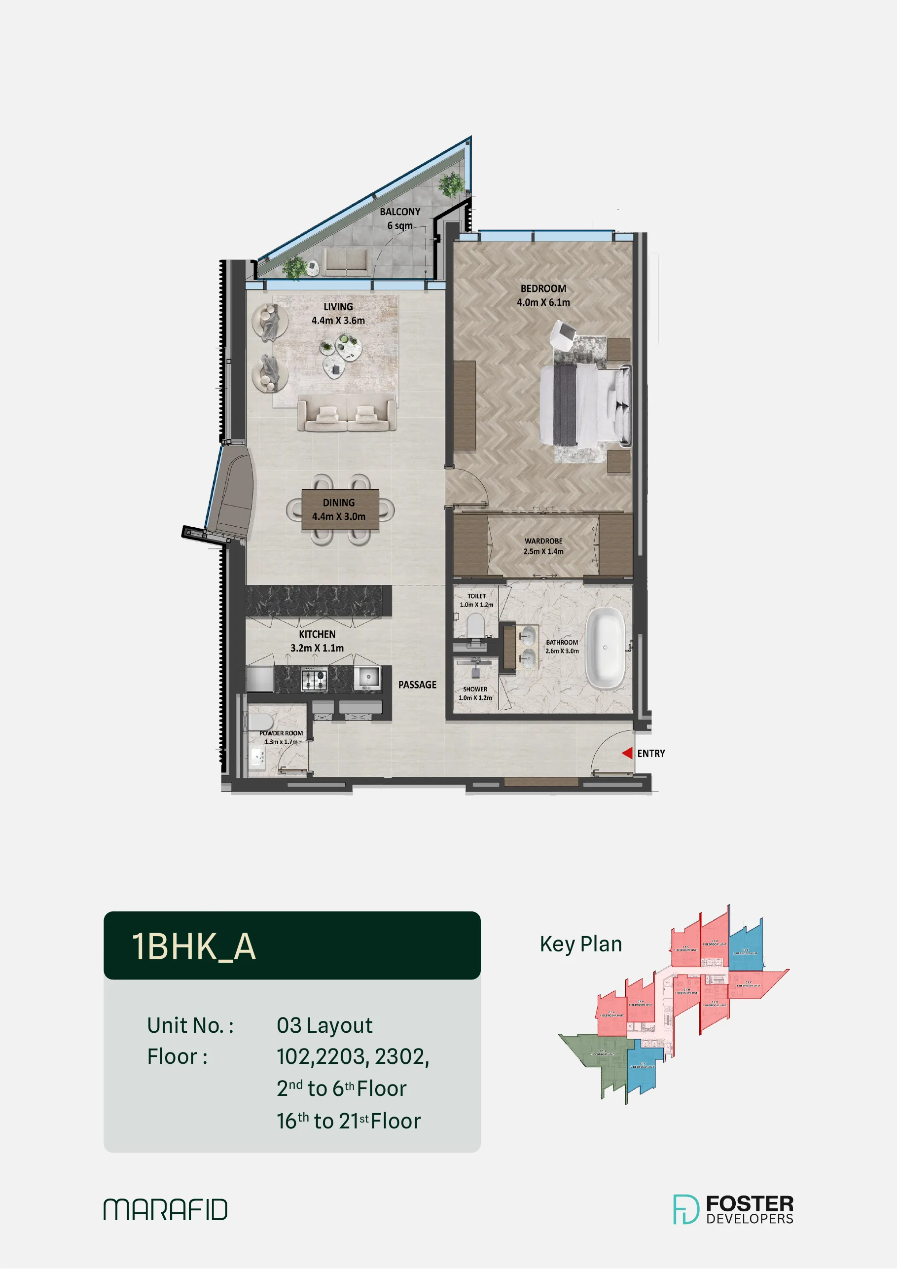 Marafid Tower 1 bed floor plan — Type A, 1,182 sqft