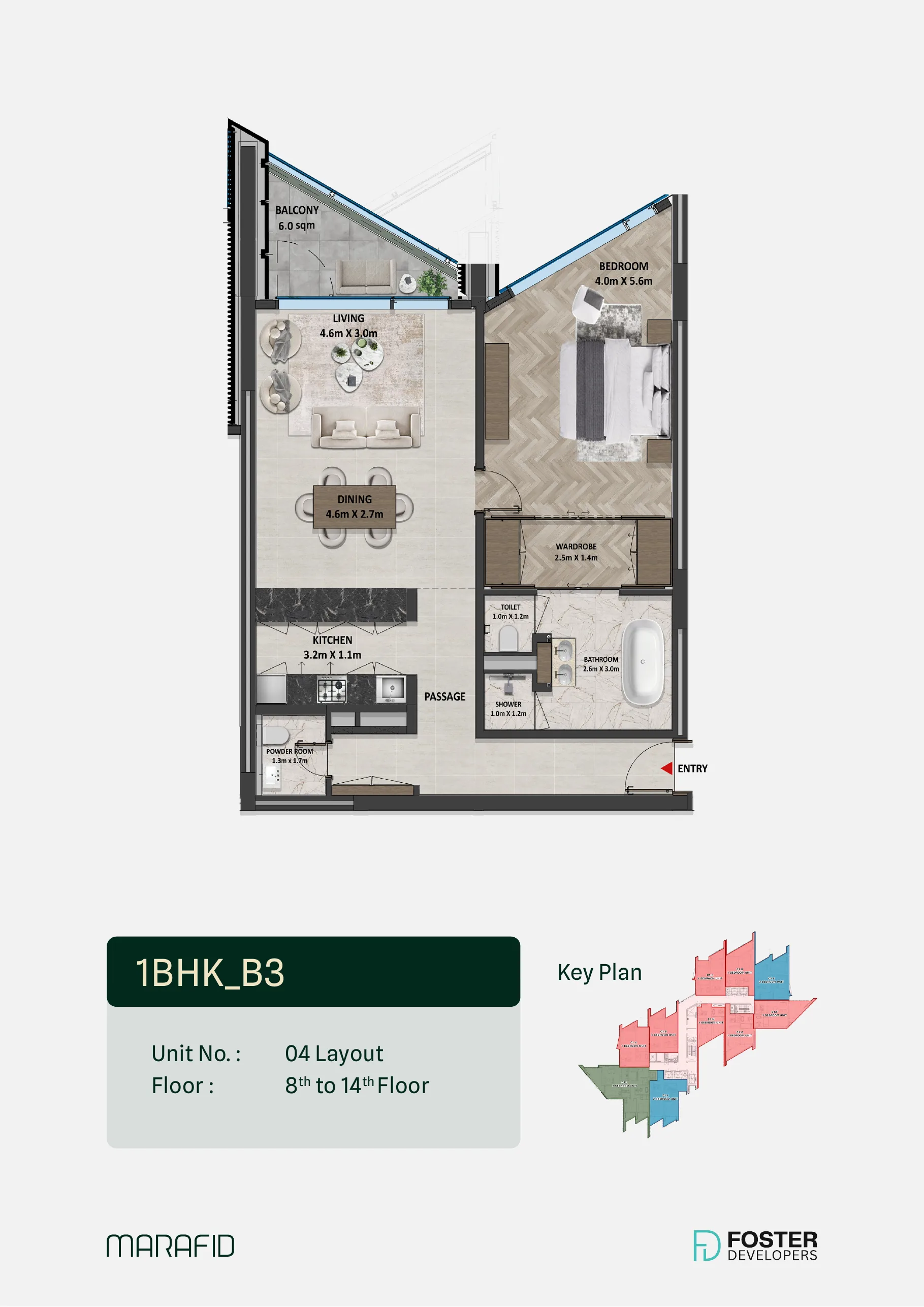 Marafid Tower 1 bed floor plan — Type B3, 1,085 sqft